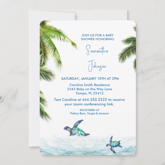 Cobalt Sea Turtle Tropical Baby Dusche Einladung (Vorderseite)