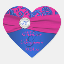 Cobalt und Fuchsia Damask Herz-Aufkleber