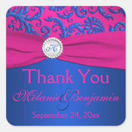 Cobalt und Fuchsia Damask Wedding Gefälligkeitsauf Quadratischer Aufkleber