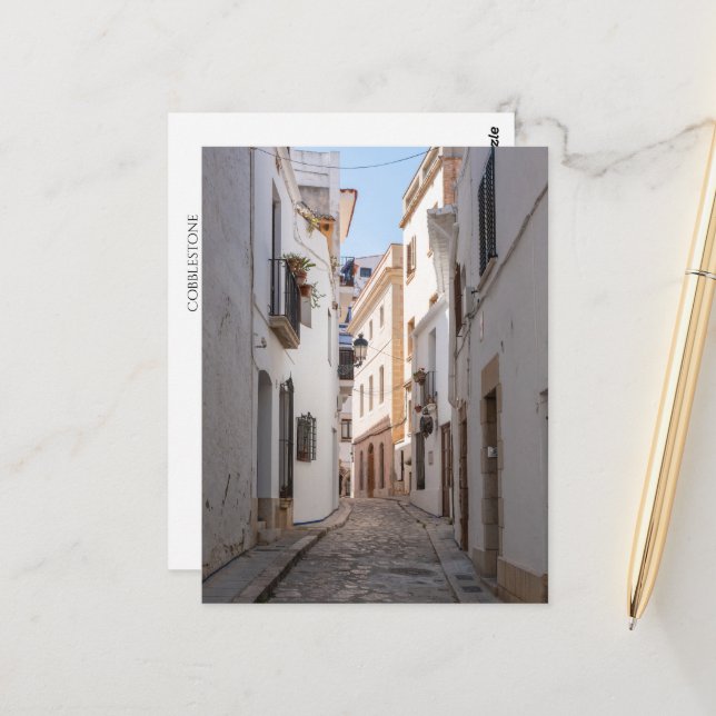 Cobblestone Street in Spanien - Vintages Europa Postkarte (Vorderseite/Rückseite Beispiel)