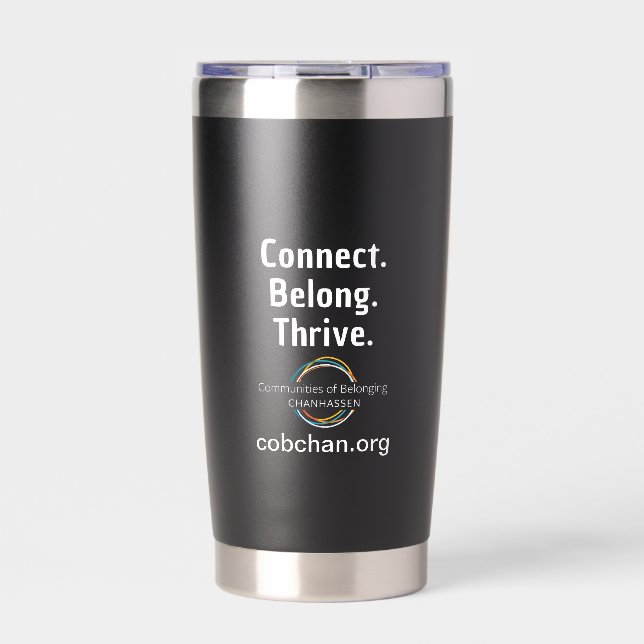 CoBC Tumbler (weißer Text) - Connect Belong Thrive Thermobecher (Vorderseite)