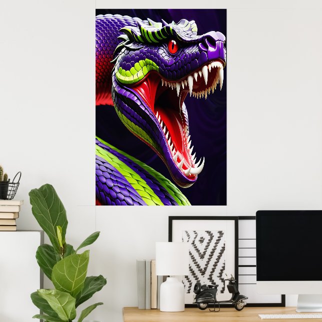 Cobra-Schlange mit lebhaften grünen und lila Waage Poster (Heimbüro)