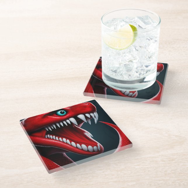 Cobra-Schlange mit lebhaften roten Schuppen und bl Glasuntersetzer (Schrägansicht)