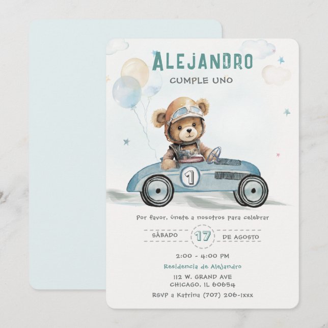 Coche de Carreras Osito Bebé Primer Cumpleaños Einladung (Vorne/Hinten)