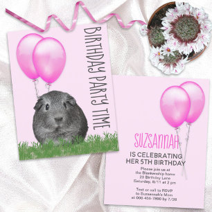Cochon d'Inde Ballons Roses Invitation Anniversair