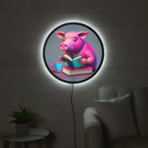 Cochon éclairé Lecture d'un panneau LED de livre