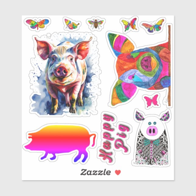 Cochons et papillons mignons et drôles Stickers de (Feuille)
