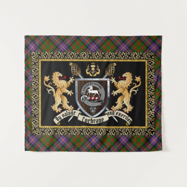 Cochrane Clan Abzeichen & Motto mit Löwen Wandteppich (Vorderseite (Horizontal))