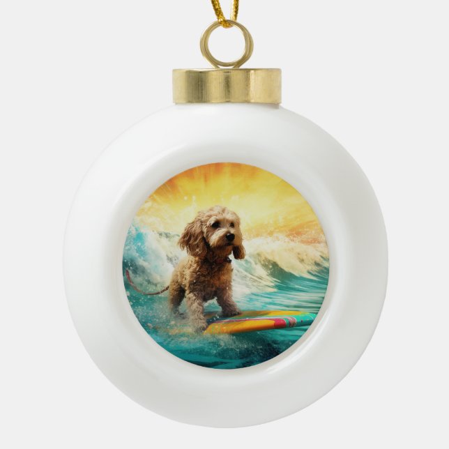 Cockapoo Beach Surfgrafik Keramik Kugel-Ornament (Vorderseite)