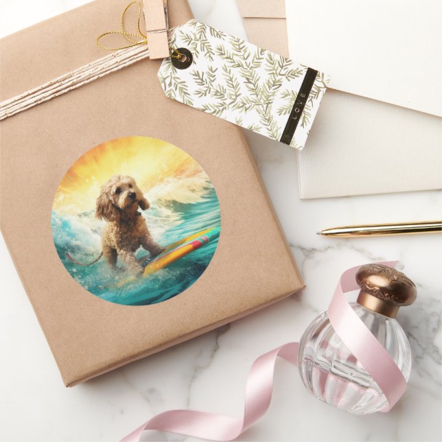 Cockapoo Beach Surfgrafik Runder Aufkleber (Schenken)