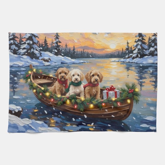 Cockapoo Christmas Boat Holiday Geschirrtuch (Horizontal)