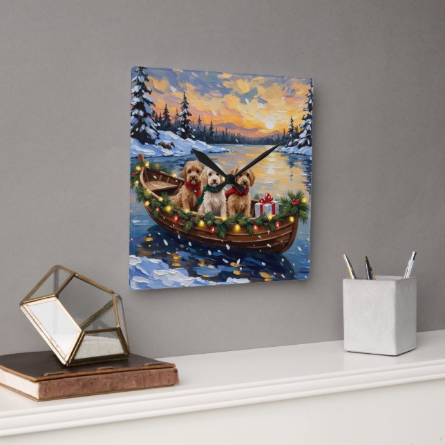 Cockapoo Christmas Boat Holiday Quadratische Wanduhr (Büro)