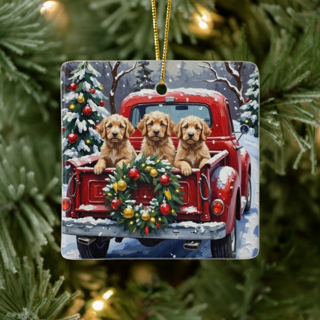 Cockapoo Christmas Red Truck Holiday Keramikornament (Baum)