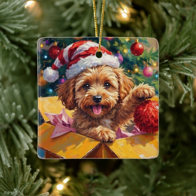 Cockapoo Dog Christmas Gift Box Surprise Keramikornament (Baum)