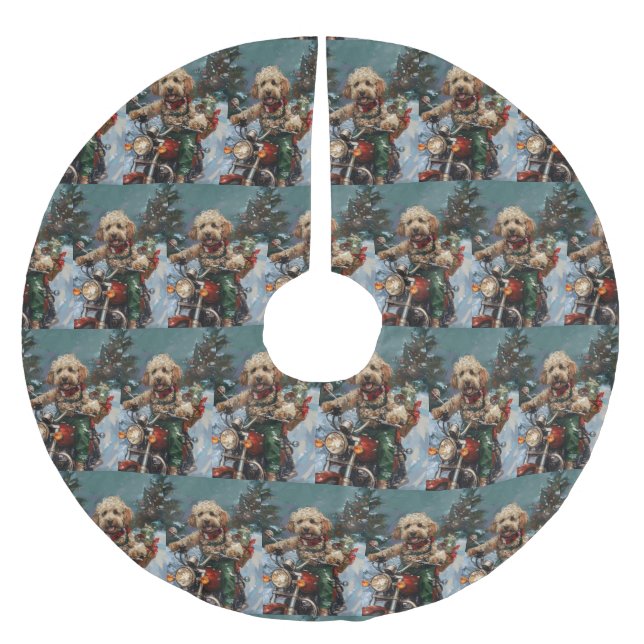 Cockapoo Dog Reiten Motorrad Weihnachten Polyester Weihnachtsbaumdecke (Vorderseite)