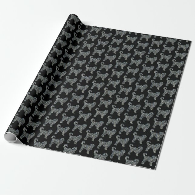Cockapoo Dog Silhouette Y&B Grid Black Gift Geschenkpapier (Ungerollt)