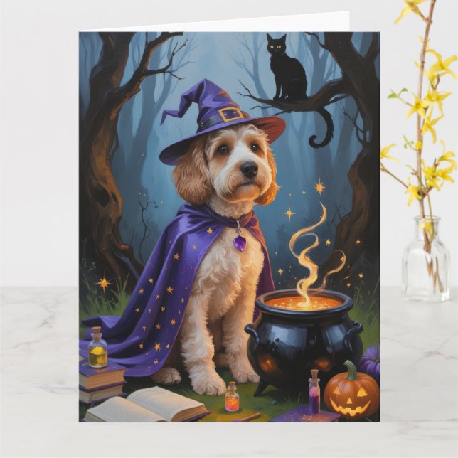 Cockapoo Dog Whimsical Halloween Malerei Karte (Gelbe Blume)