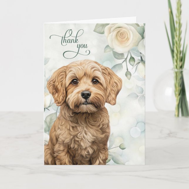 Cockapoo Dog with White Roses and Sage Green Dankeskarte (Vorderseite)