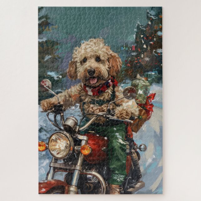 Cockapoo-Hund fährt Motorrad Weihnachten (Vertikal)