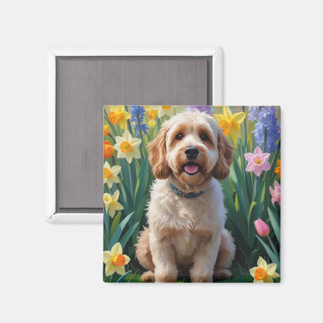 Cockapoo-Hund Frühlingsblumen Malerei Magnet (Vorderseite/Rückseite)
