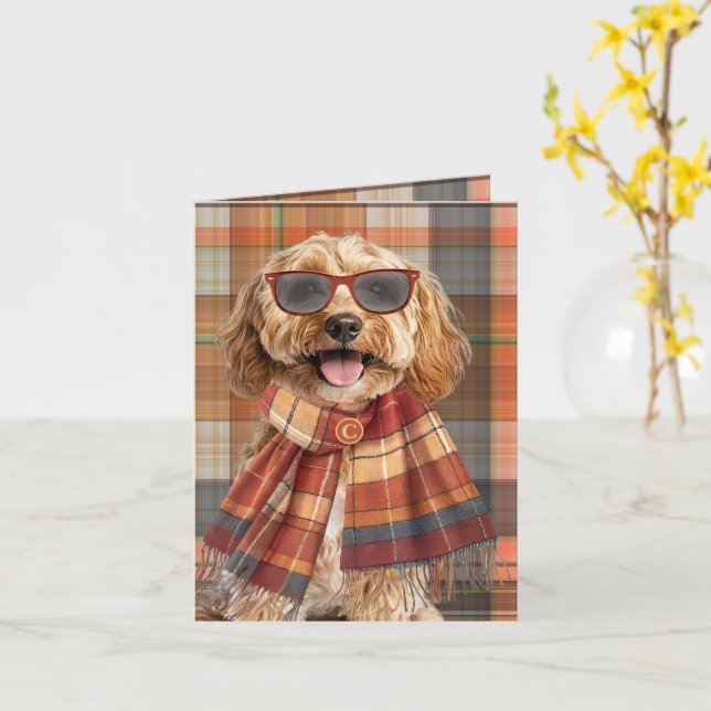 Cockapoo-Hund Herbst-Kariert Monogrammiert Karte (Gelbe Blume)