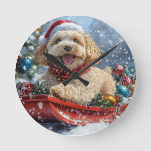 Cockapoo-Hund im Schlitten Lass es schneien Weihna Runde Wanduhr