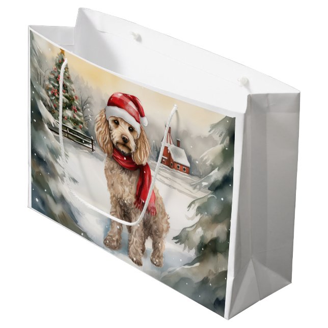 Cockapoo Hund im Schnee Weihnachten Große Geschenktüte (Vorderseite Schrägansicht)