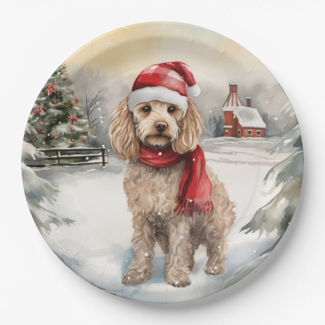 Cockapoo Hund im Schnee Weihnachten Pappteller (Vorderseite)
