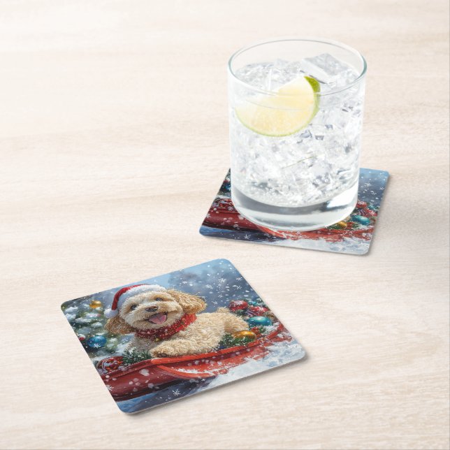 Cockapoo Hund in Sledge Lass es Schnee Weihnachten Rechteckiger Pappuntersetzer (Vor Ort)