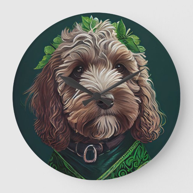 Cockapoo Hund in St. Patrick's Day Dress Große Wanduhr (Vorderseite)