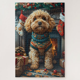 Cockapoo-Hund mit Weihnachtsgeschenken am Kamin
