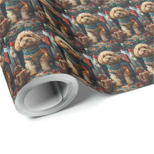 Cockapoo-Hund mit Weihnachtsgeschenken am Kamin Geschenkpapier