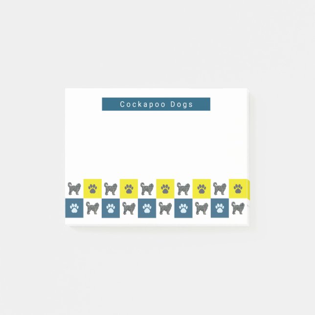 Cockapoo Hund & Paw Gelb & Blau Gitter Post-it Klebezettel (Vorderseite)