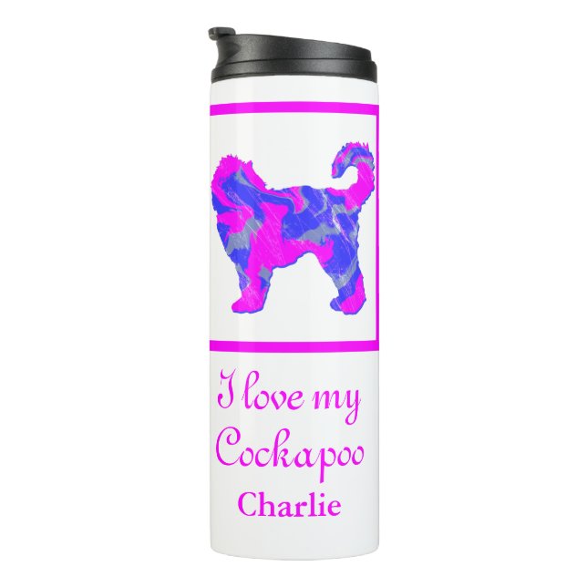 Cockapoo Hund Pink & Blue Silhouette Thermosbecher (Nach rechts gedreht)