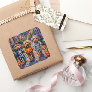 Cockapoo Hunde Trick-oder-Treating Halloween-Kostü Quadratischer Aufkleber