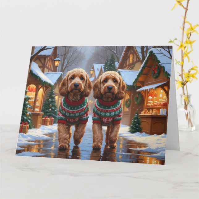 Cockapoo Hunde Weihnachtsschnee Urlaub Karte (Gelbe Blume)