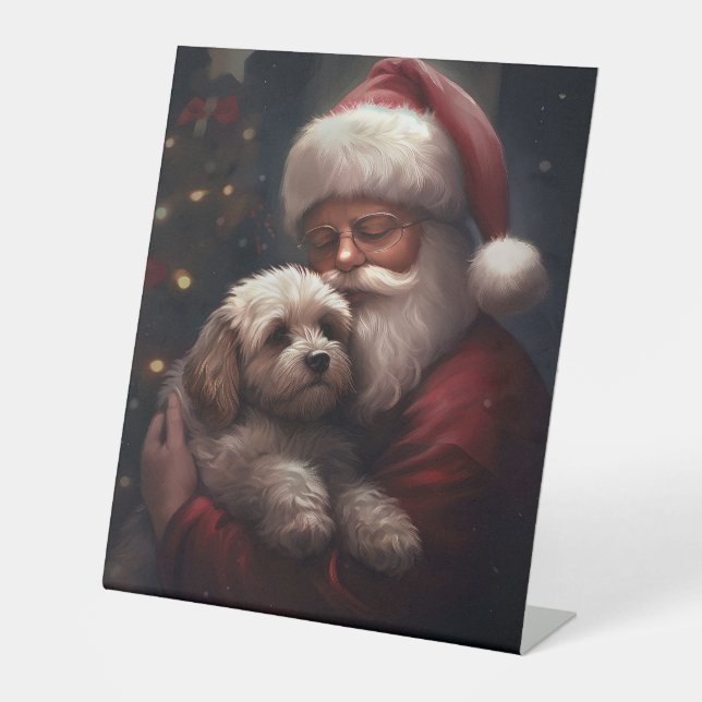 Cockapoo mit dem Weihnachtsmann Weihnachten Sockelschild (Vorderseite)