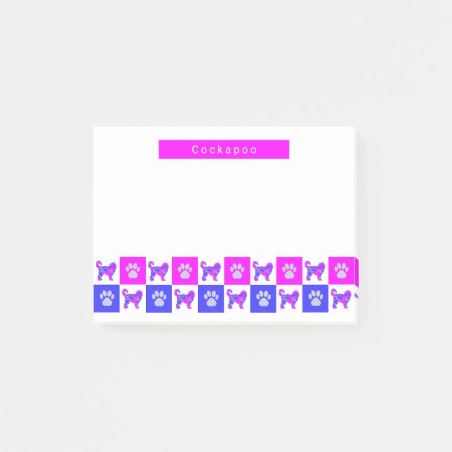 Cockapoo Silhouette Dog & Paw Hot Pink & Blue Post-it Klebezettel (Vorderseite)