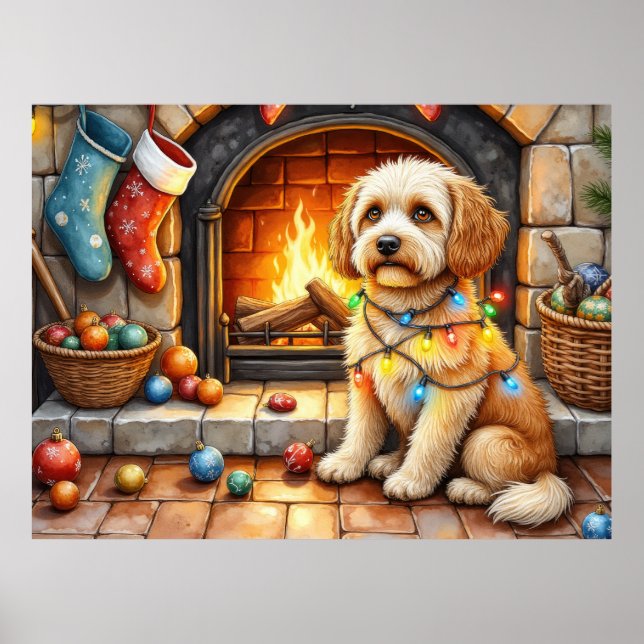 Cockapoo Sitting by Fireplace with Christmas Light Poster (Vorne)