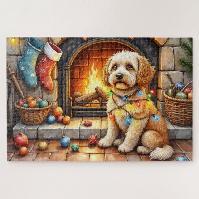 Cockapoo sitzt neben dem Kamin mit Weihnachtslicht (Horizontal)