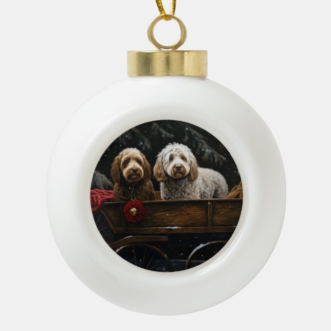 Cockapoo Snowy Sleigh Weihnachtsdekor Keramik Kugel-Ornament (Vorderseite)