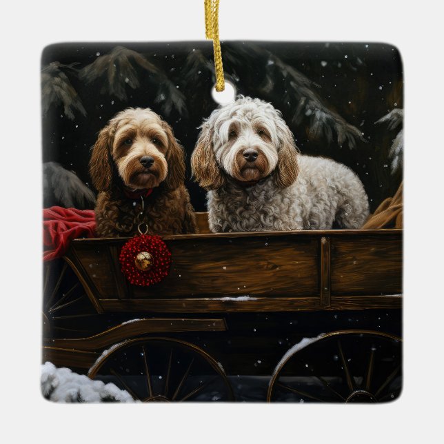 Cockapoo Snowy Sleigh Weihnachtsdekor Keramikornament (Vorderseite)