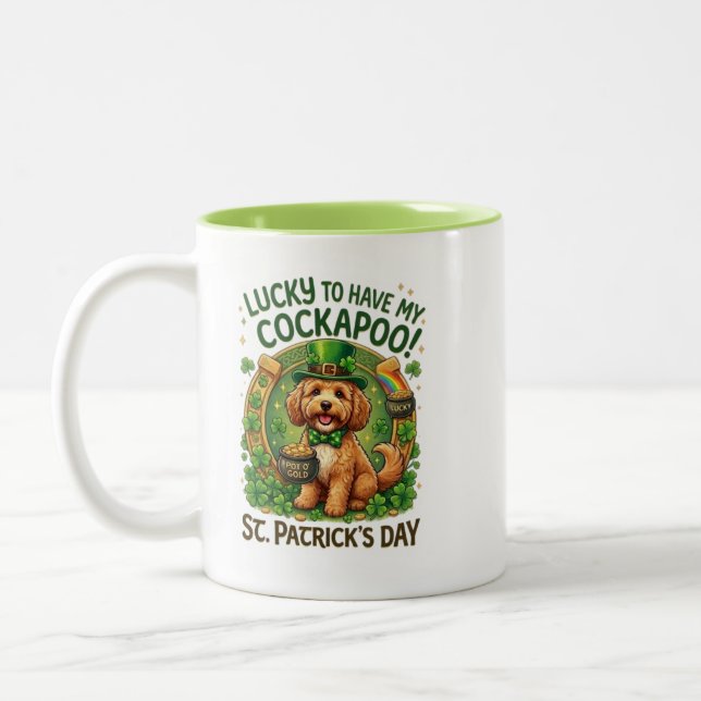 Cockapoo St Patrick's Day Lucky Dog Pot of Gold Zweifarbige Tasse (Links)
