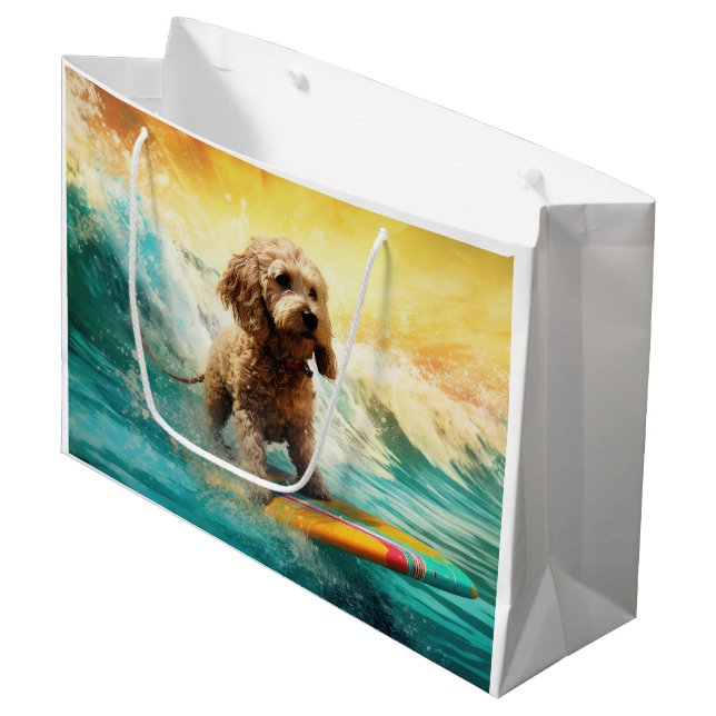 Cockapoo-Strand-Surfing-Gemälde Große Geschenktüte (Vorderseite Schrägansicht)