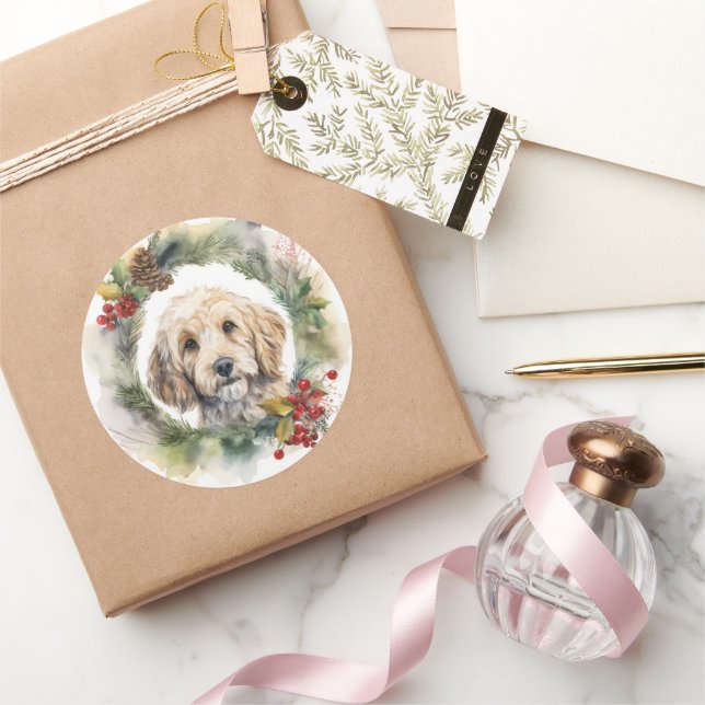 Cockapoo-Weihnachtskranz Festlicher Hund Runder Aufkleber (Schenken)