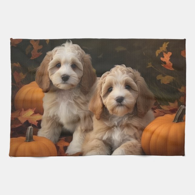 Cockapoo Welpe Herbst Kürbis Geschirrtuch (Horizontal)
