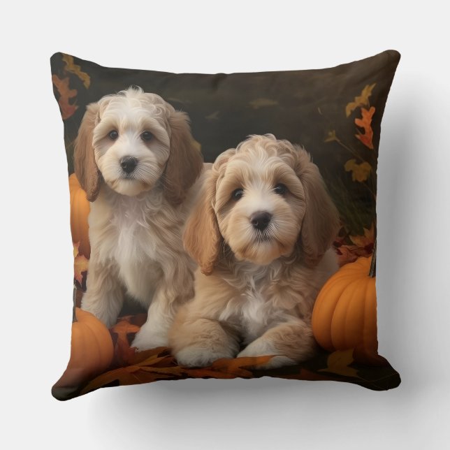Cockapoo Welpe Herbst Kürbis Kissen (Rückseite)