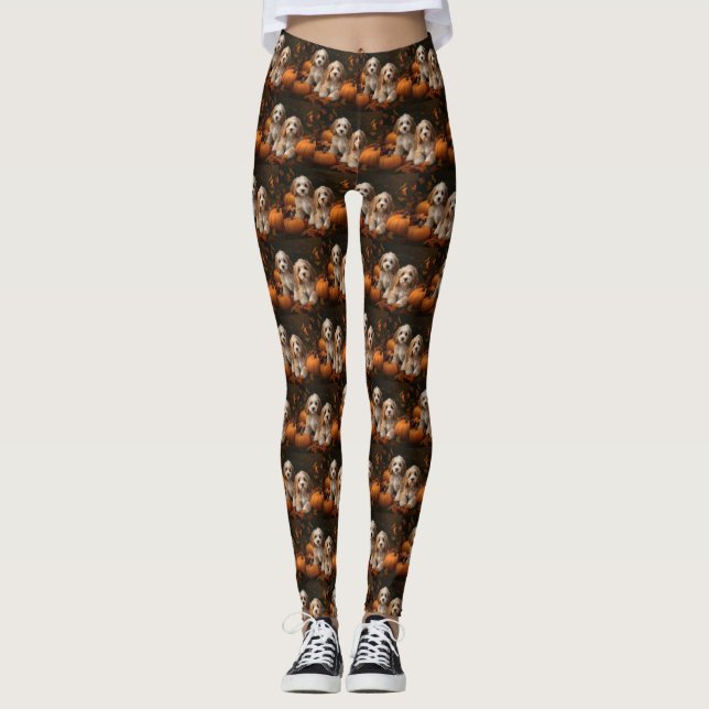 Cockapoo Welpe Herbst Kürbis Leggings (Vorderseite)