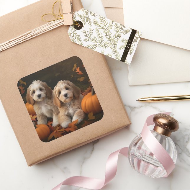 Cockapoo Welpe Herbst Kürbis Quadratischer Aufkleber (Schenken)