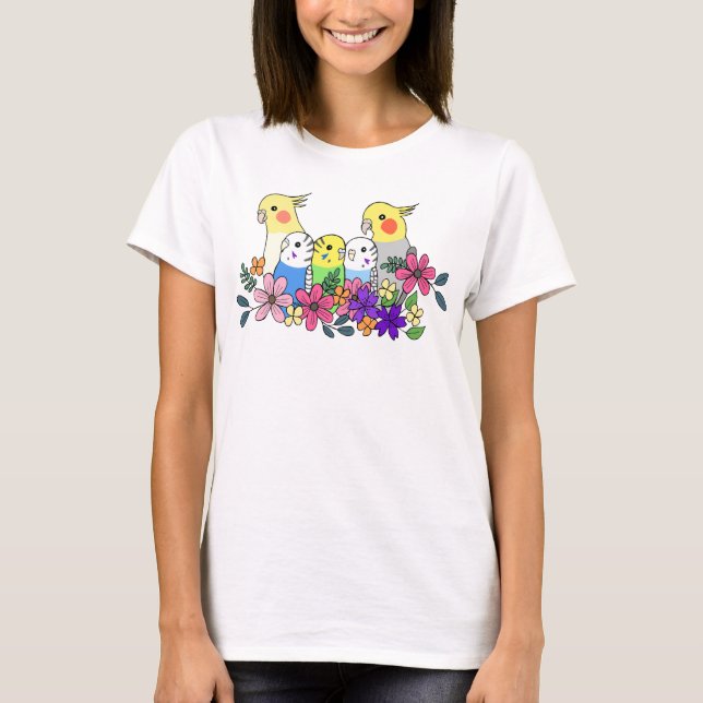 Cockatiel Budgie Parakeet mit Blume-Hausvogel T-Shirt (Vorderseite)